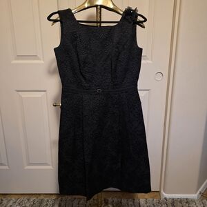 Ellen Tracy Black Sleeveless Textured Midi Dress with Floral Accent